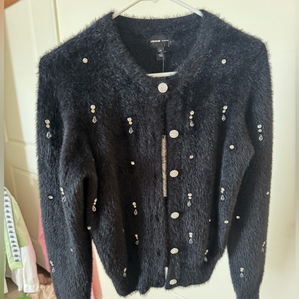 Black Fuzzy Cardigan with Embellishments